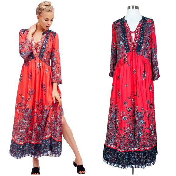 Free People | If Only You Knew Red Floral Slit Flowy Boho Maxi Dress EUC XS - Picture 12 of 12
